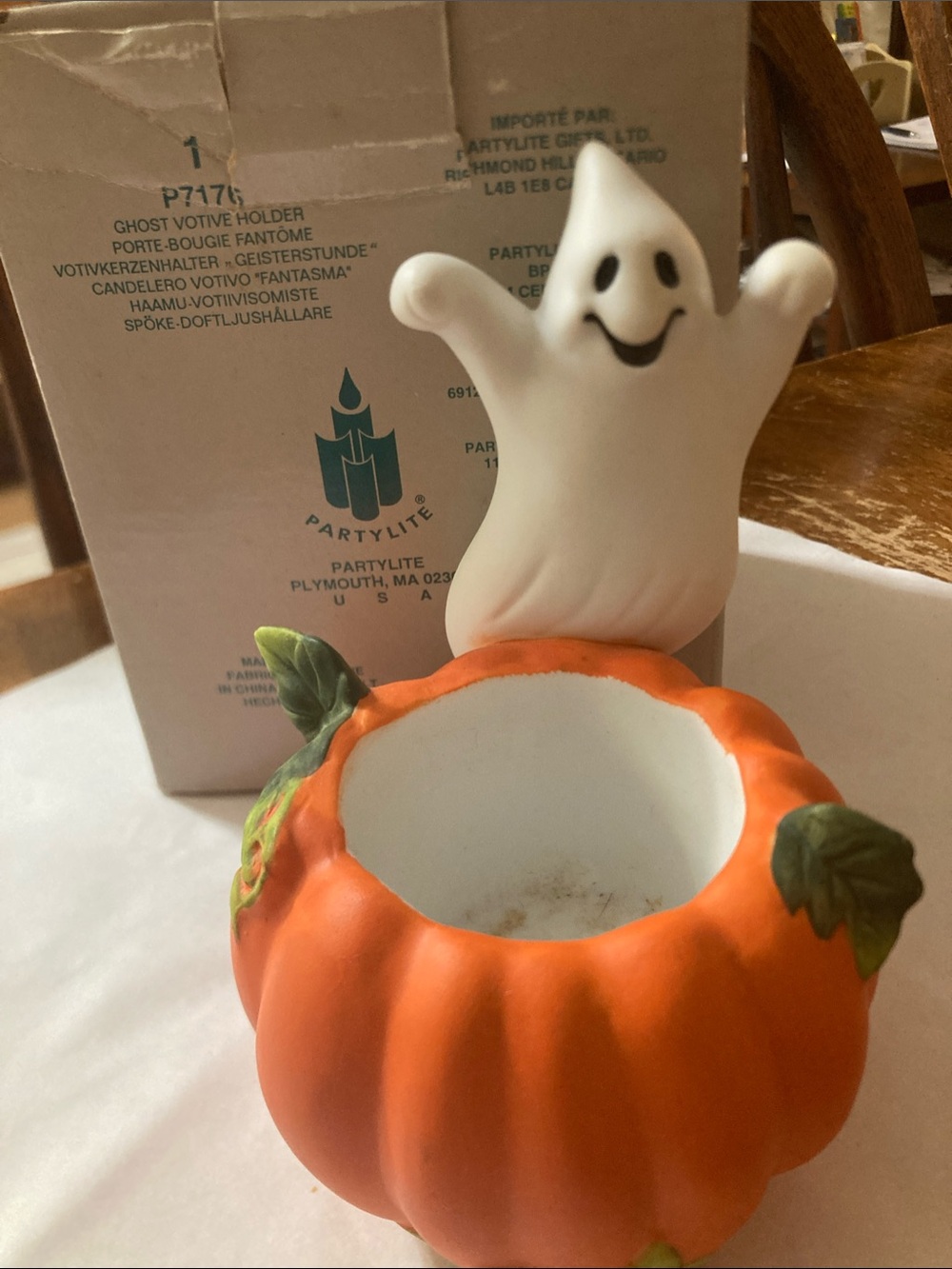 PartyLite White Ghost on Orange Pumpkin Votive Holder Halloween autumn